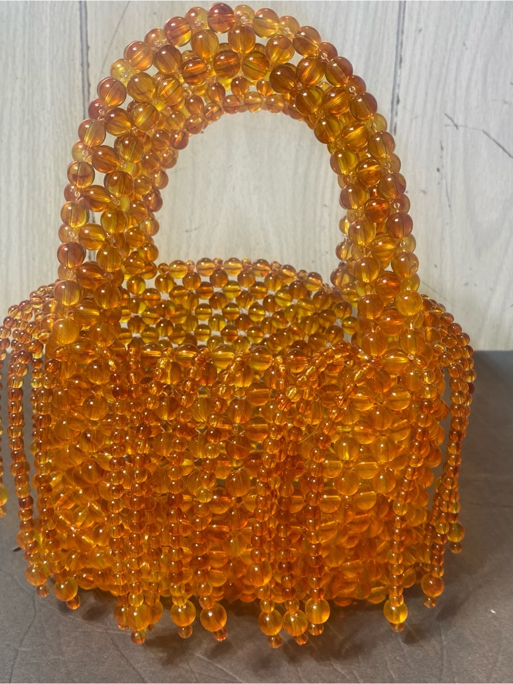 Beaded woven bag, amber acrylic cat eye beads, retro handbag, hollowed out pearl